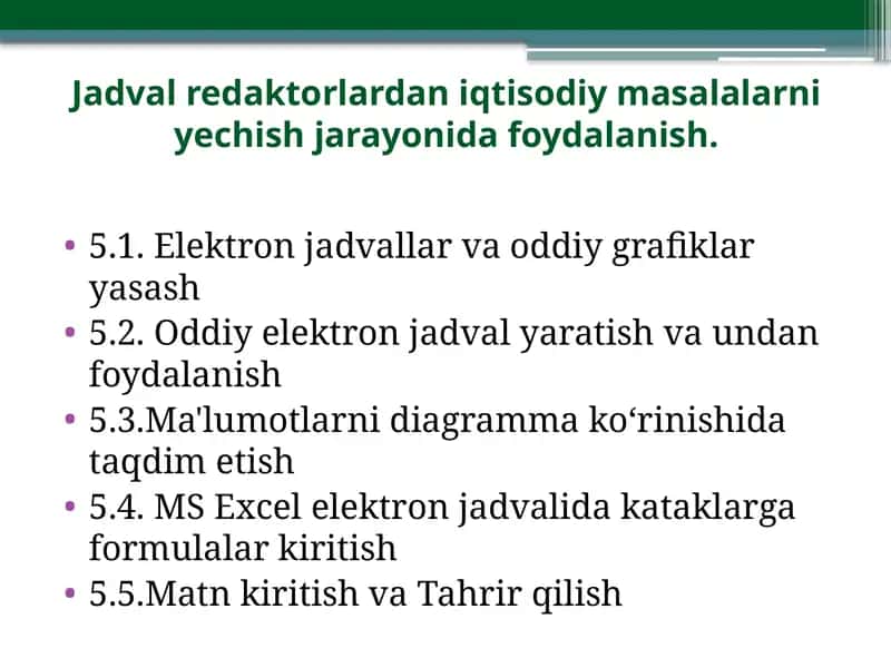 Jadval redaktorlardan iqtisodiy masalalarni yechish jarayonida foydalanish.