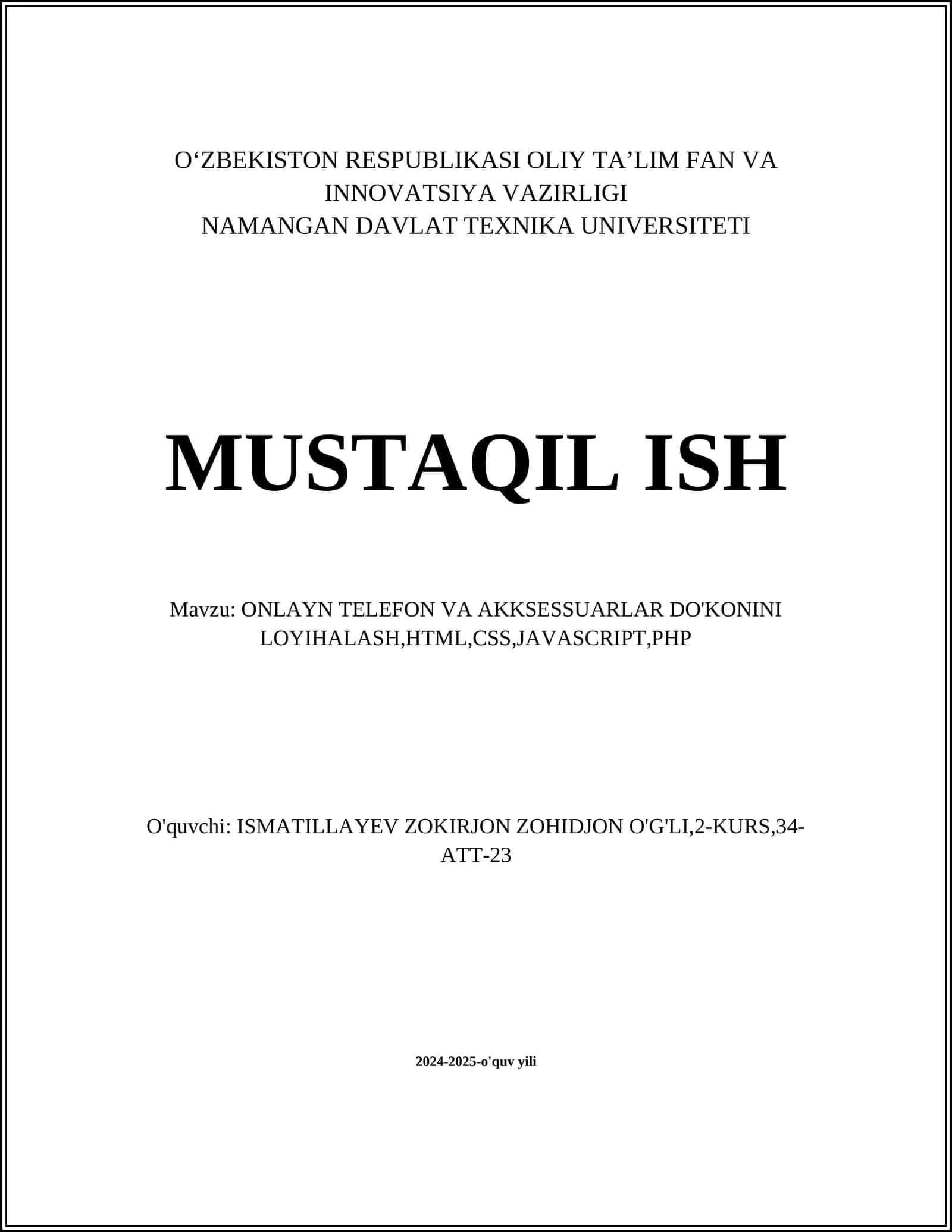 ONLAYN TELEFON VA AKKSESSUARLAR DO'KONINI LOYIHALASH