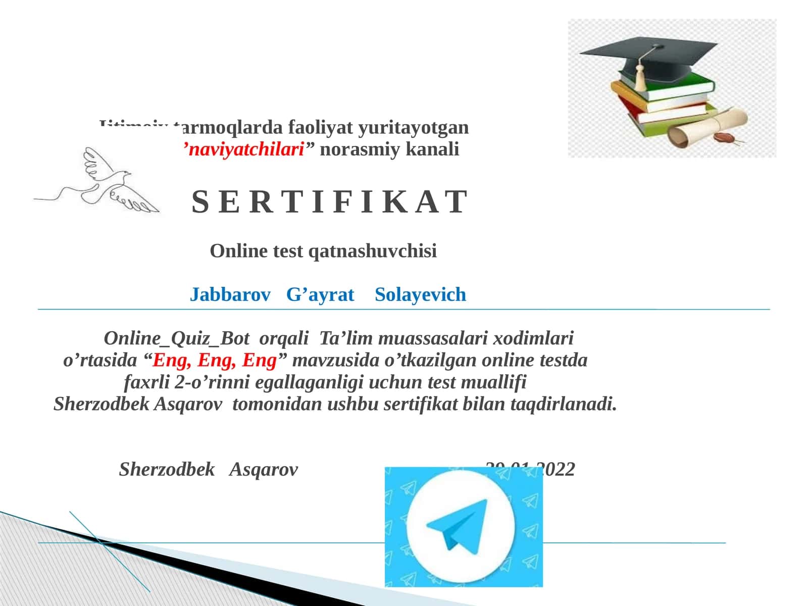 "Eng, Eng, Eng" mavzusida o'tkazilgan onlinetest
