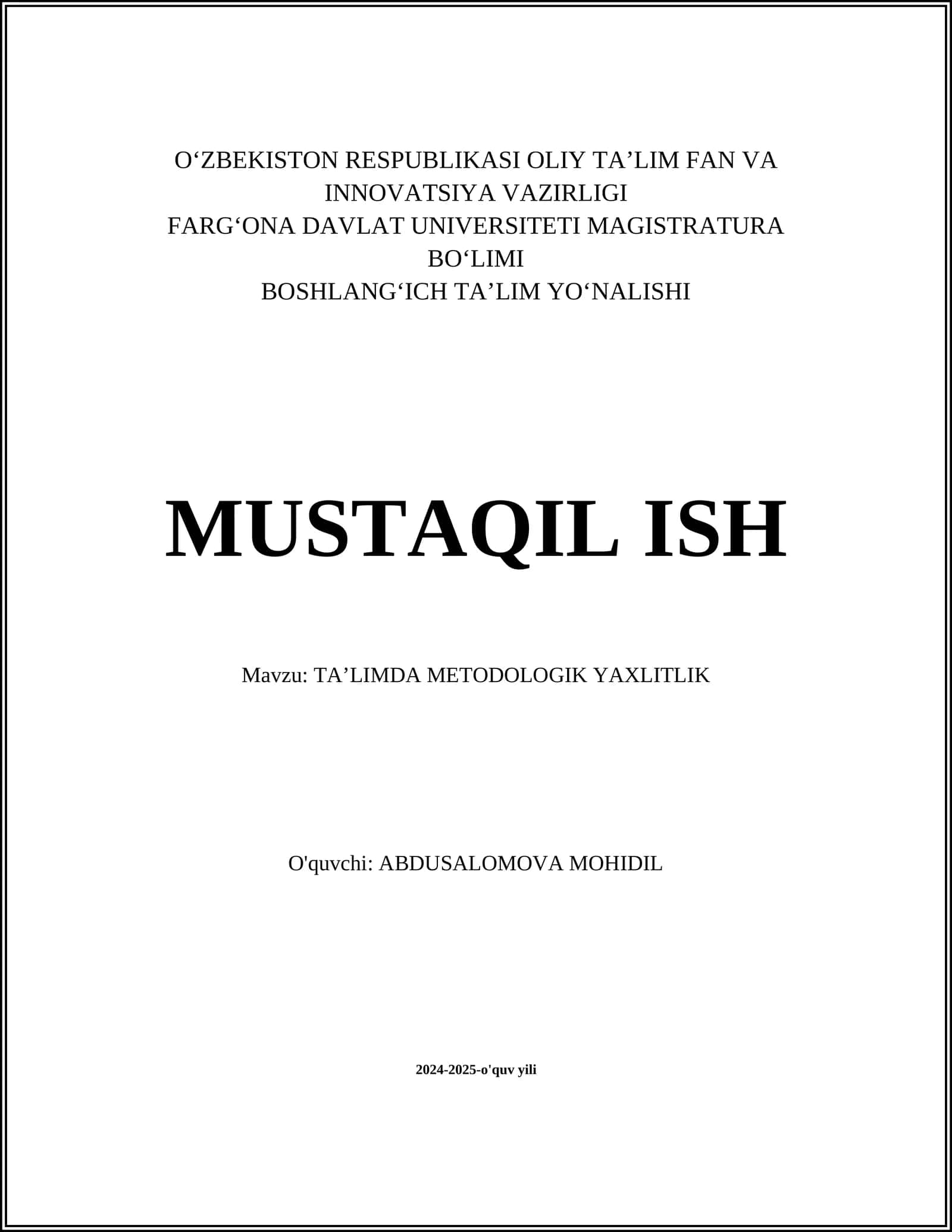 TAʼLIMDA METODOLOGIK YAXLITLIK