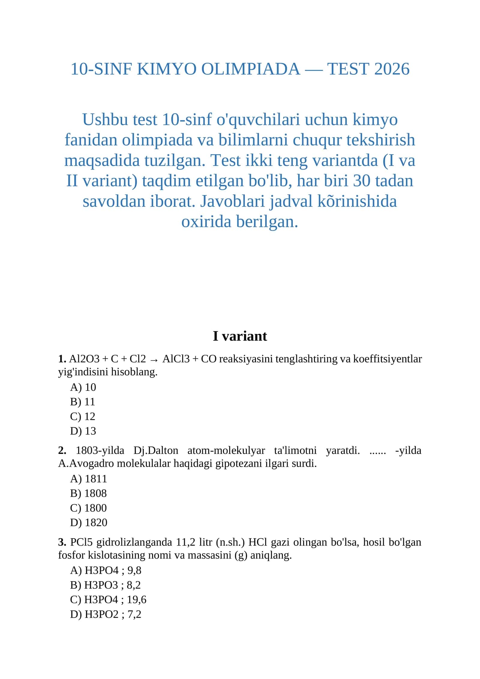 10-SINF KIMYO OLIMPIADA — TEST 2026