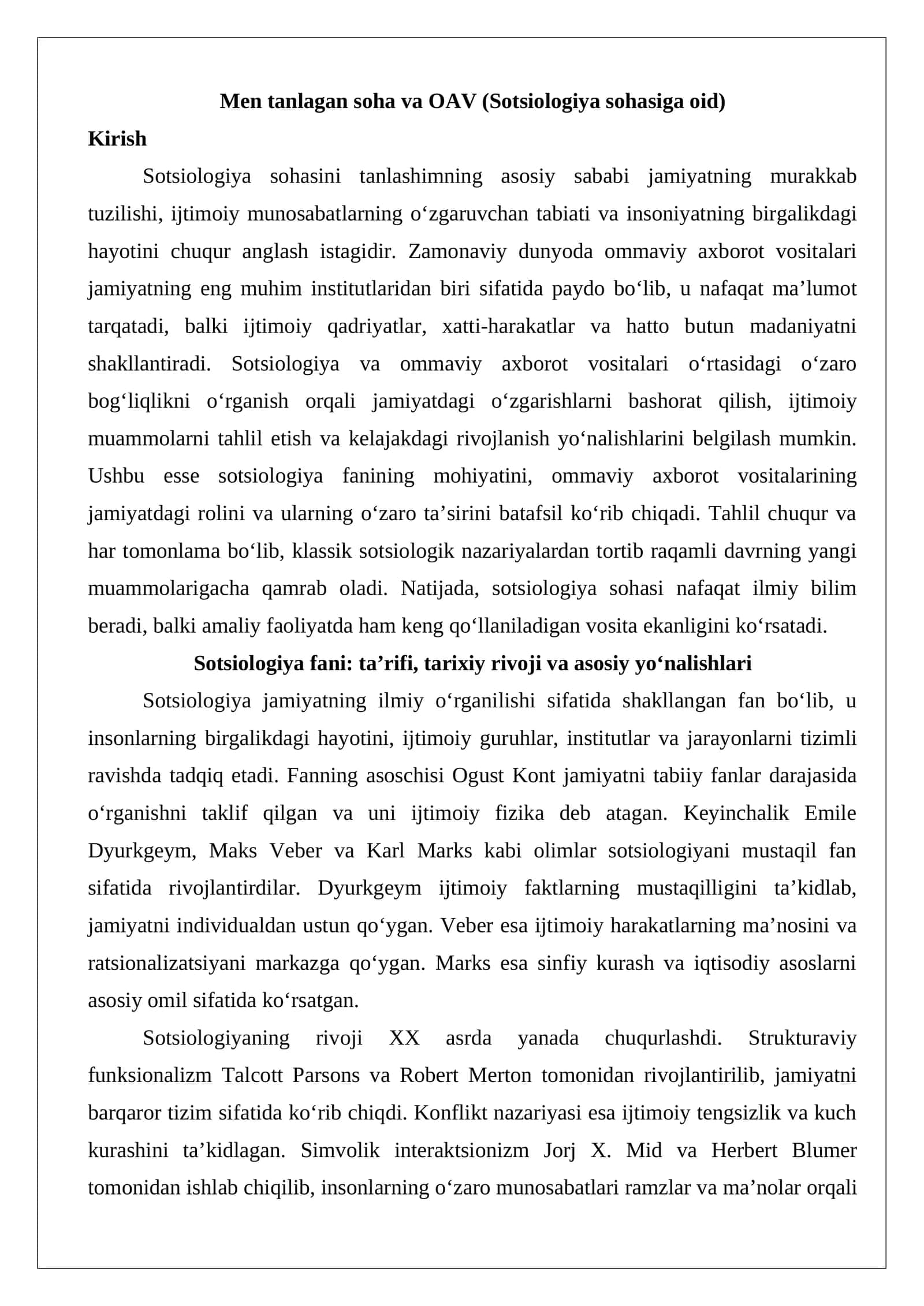 Men tanlagan soha va OAV (Sotsiologiya sohasiga oid).