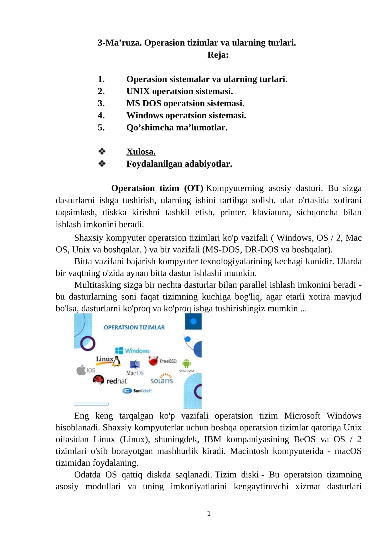 Operatsion tizimlar va ularning turlari