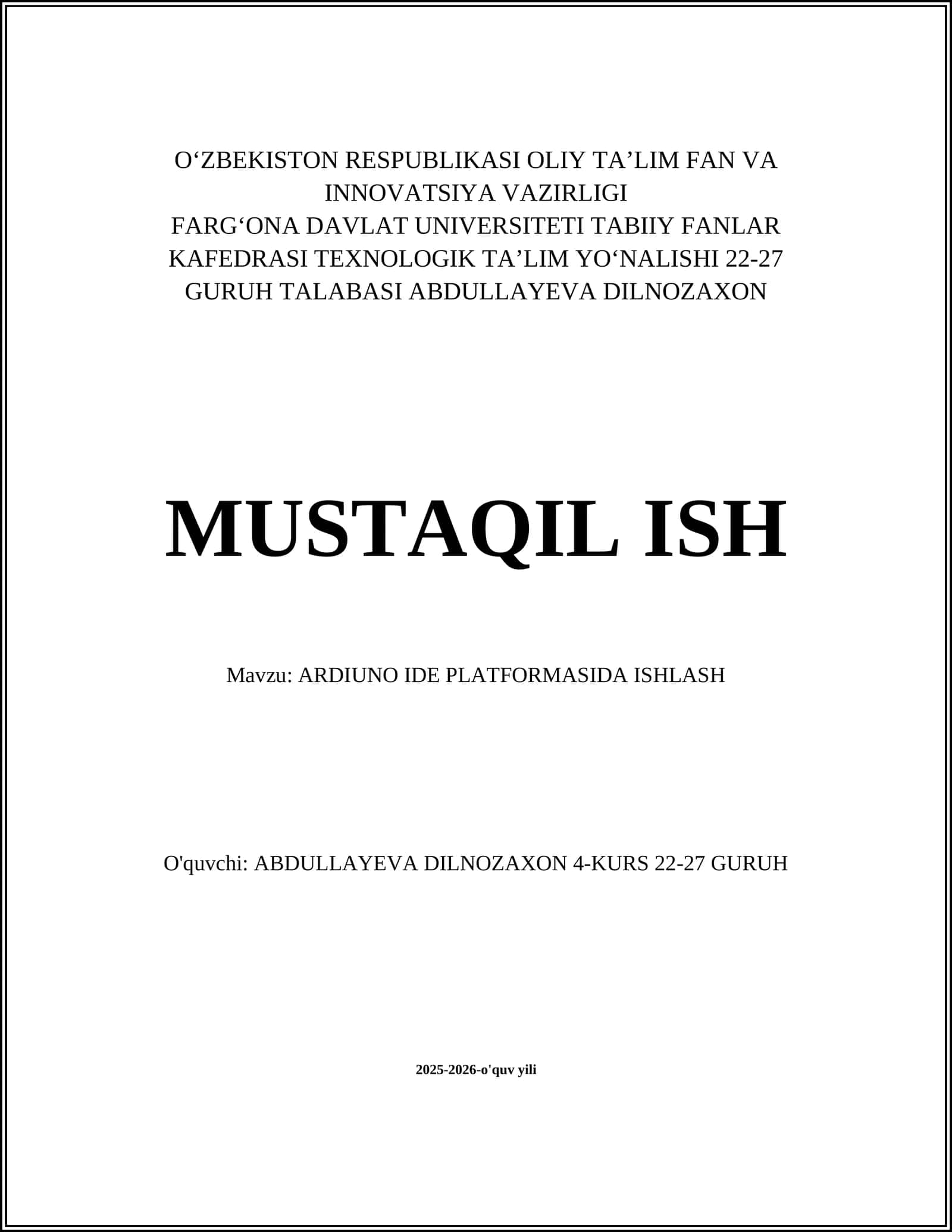 ARDIUNO IDE PLATFORMASIDA ISHLASH