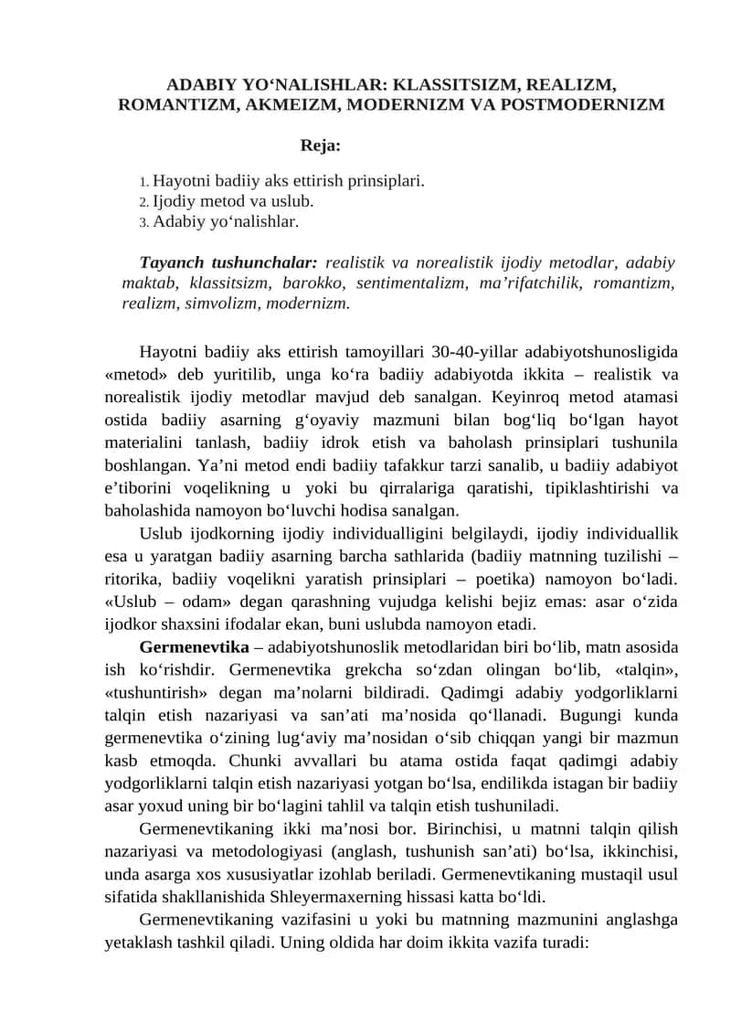Adabiy yo‘nalishlar: Klassitsizm, Realizm, Romantizm, Akmeizm, Modernizm va Postmodernizm