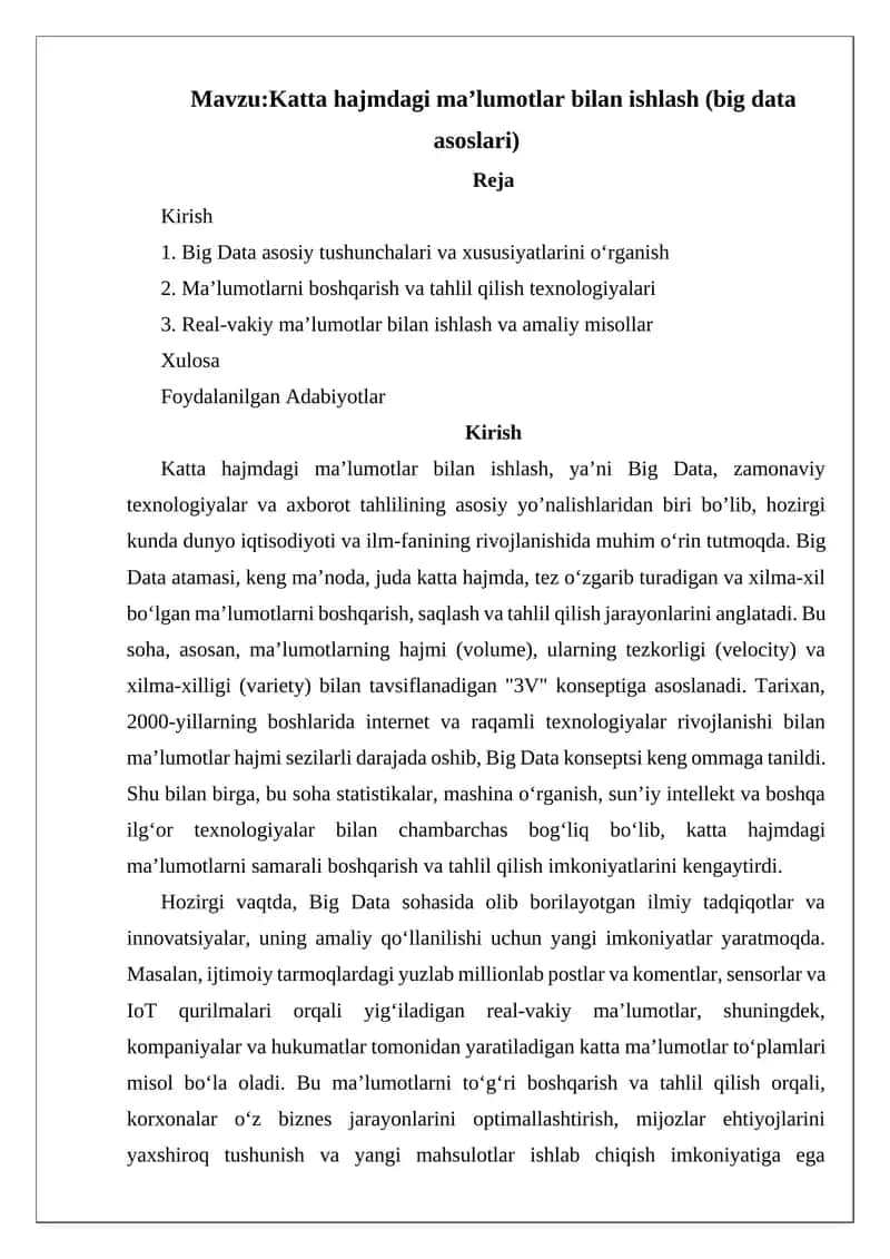 Katta hajmdagi ma’lumotlar bilan ishlash (big data asoslari)