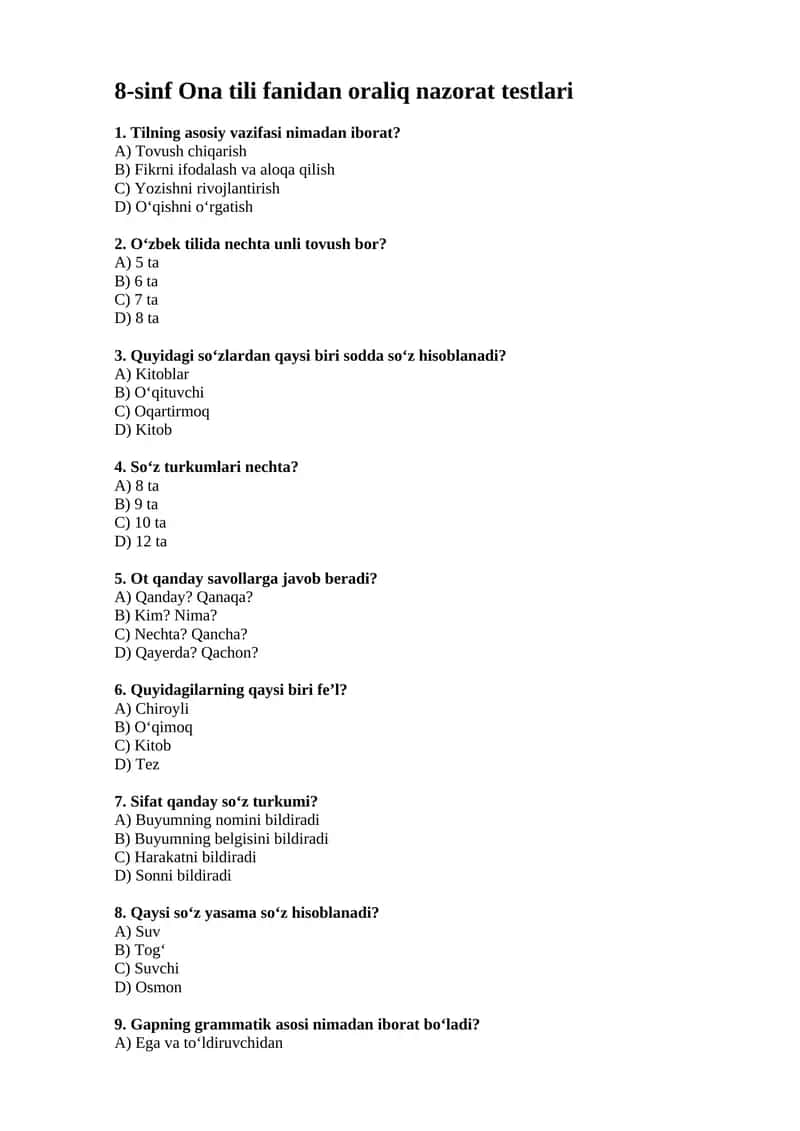 8-sinf Ona tili fanidan oraliq nazorat testlari