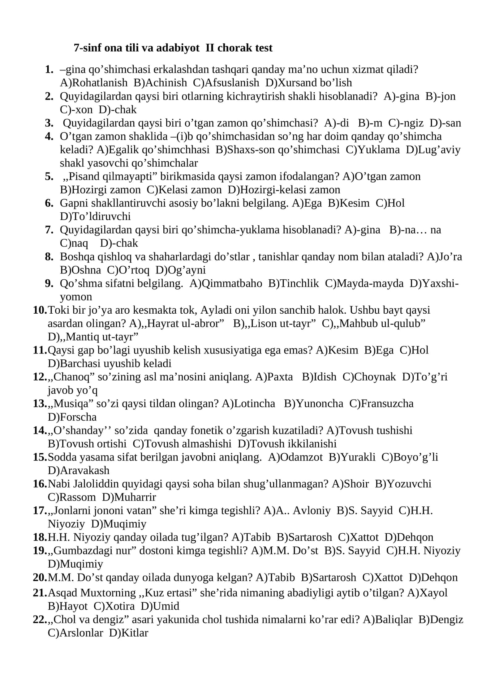 7-sinf ona tili va adabiyot II chorak test