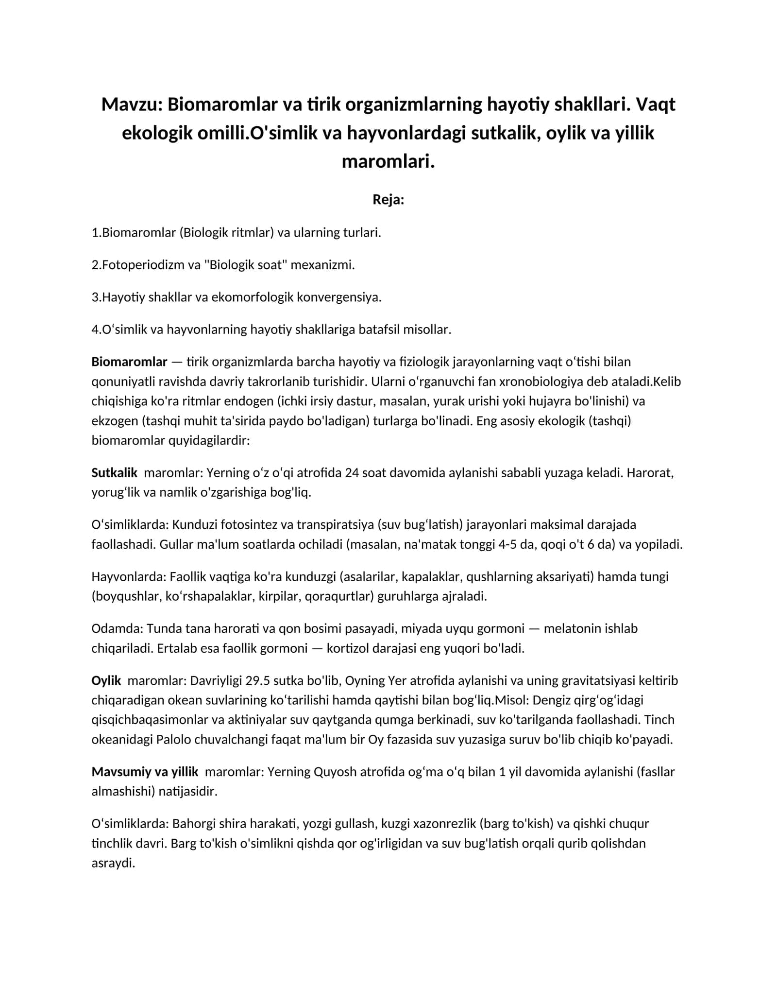Biomaromlar va tirik organizmlarning hayotiy shakllari