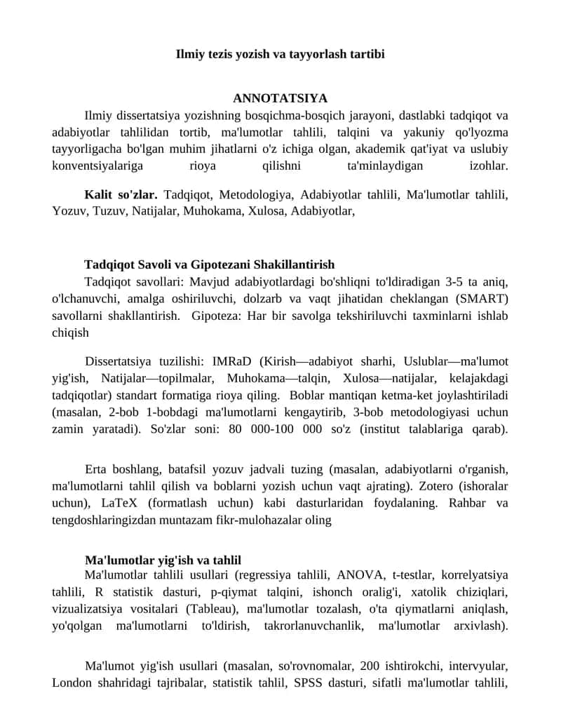 Ilmiy tezis yozish va tayyorlash tartibi