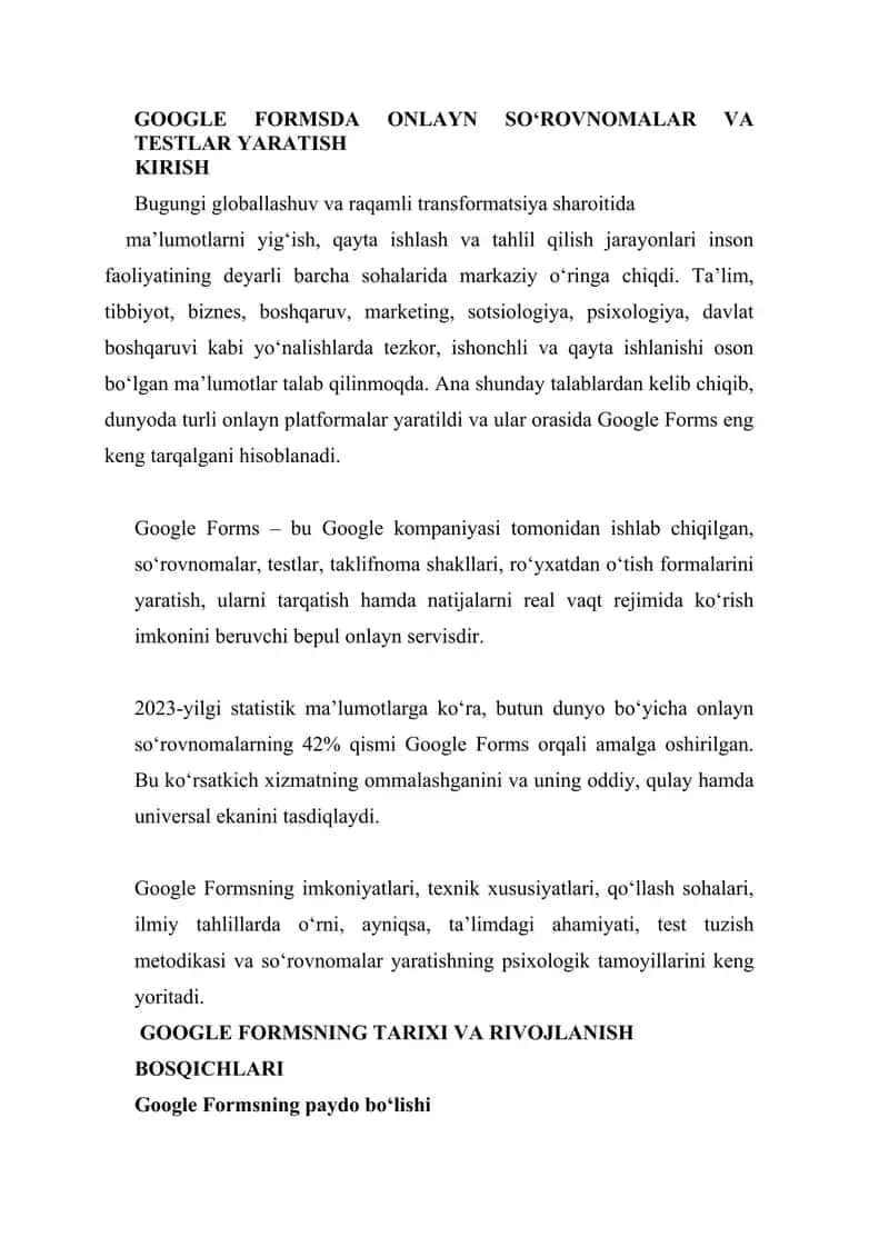 Google formsda onlayn so‘rovnomalar va testlar yaratish