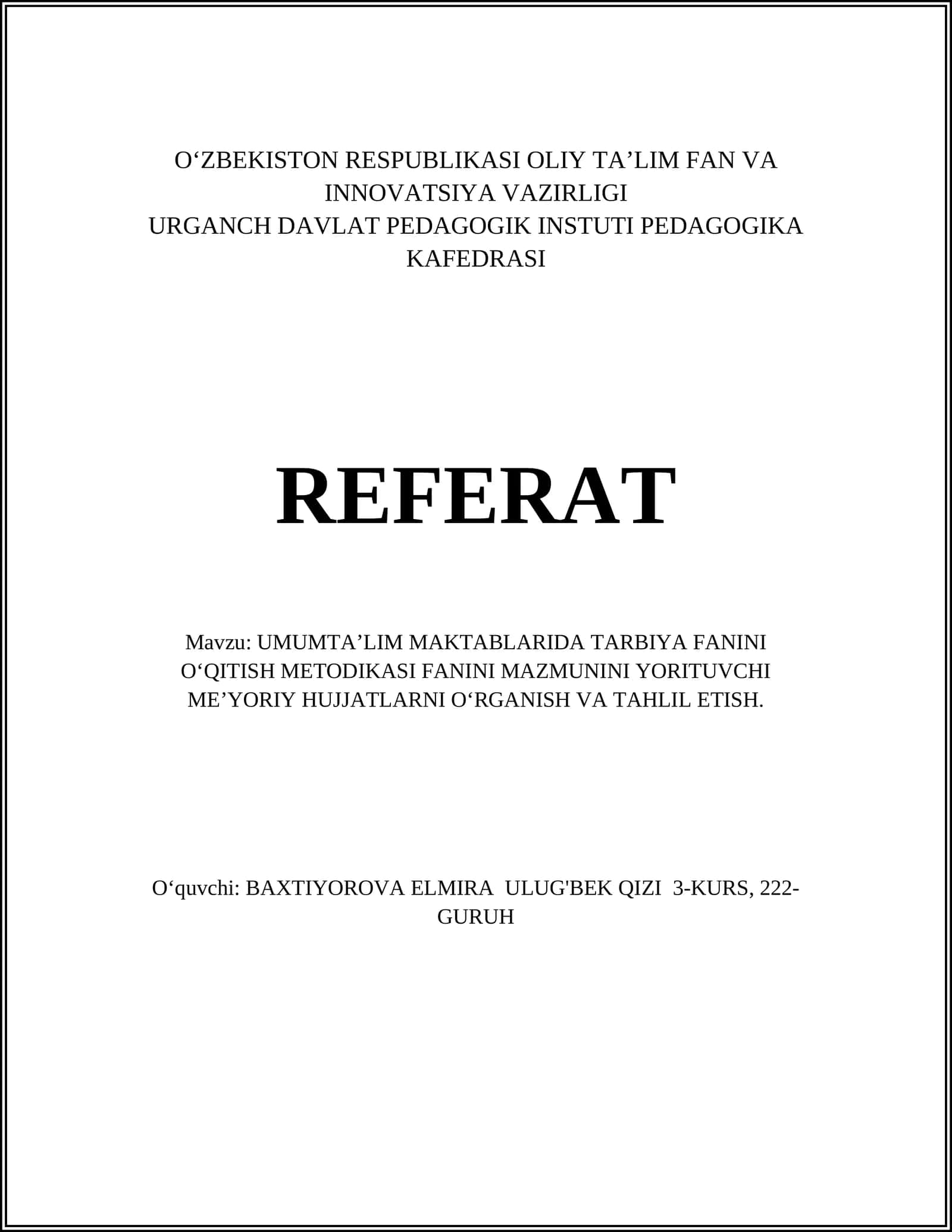 UMUMTA'LIM MAKTABLARIDA TARBIYA FANINI O'QITISH METODIKASI