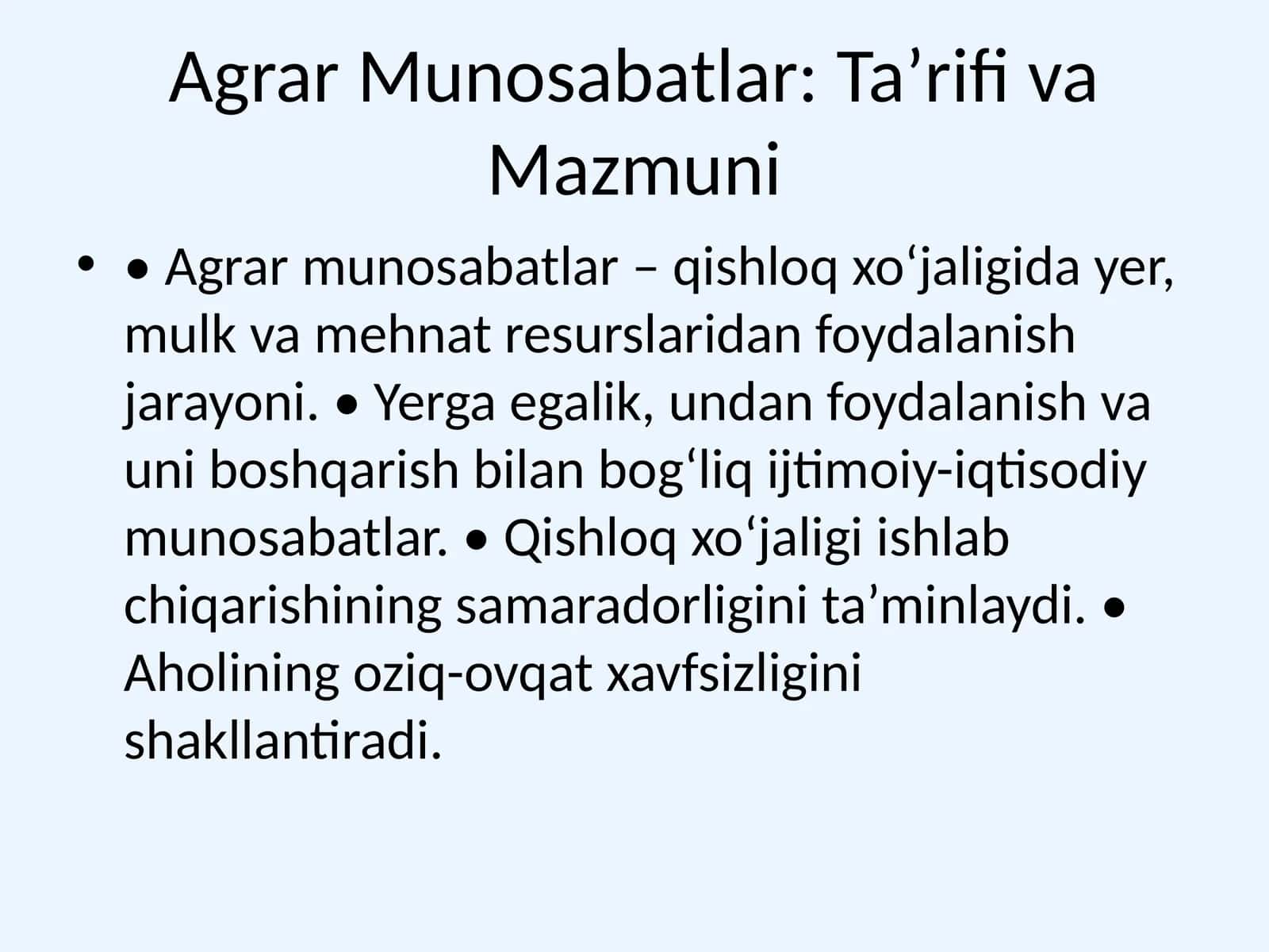 Agrar Munosabatlar: Taʼrifi va Mazmuni