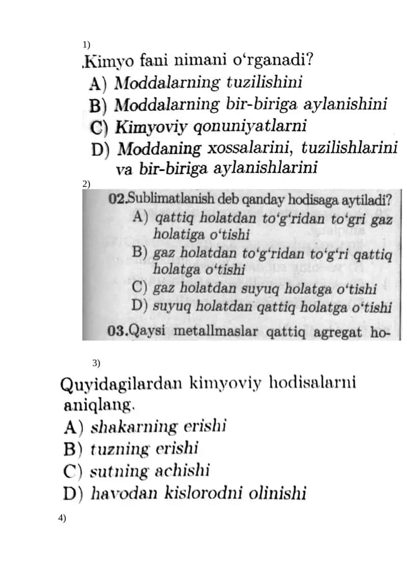 Kimyo faniga kirish test