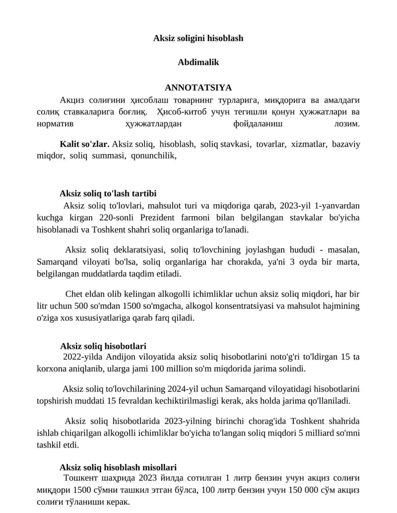 Aksiz soligini hisoblash