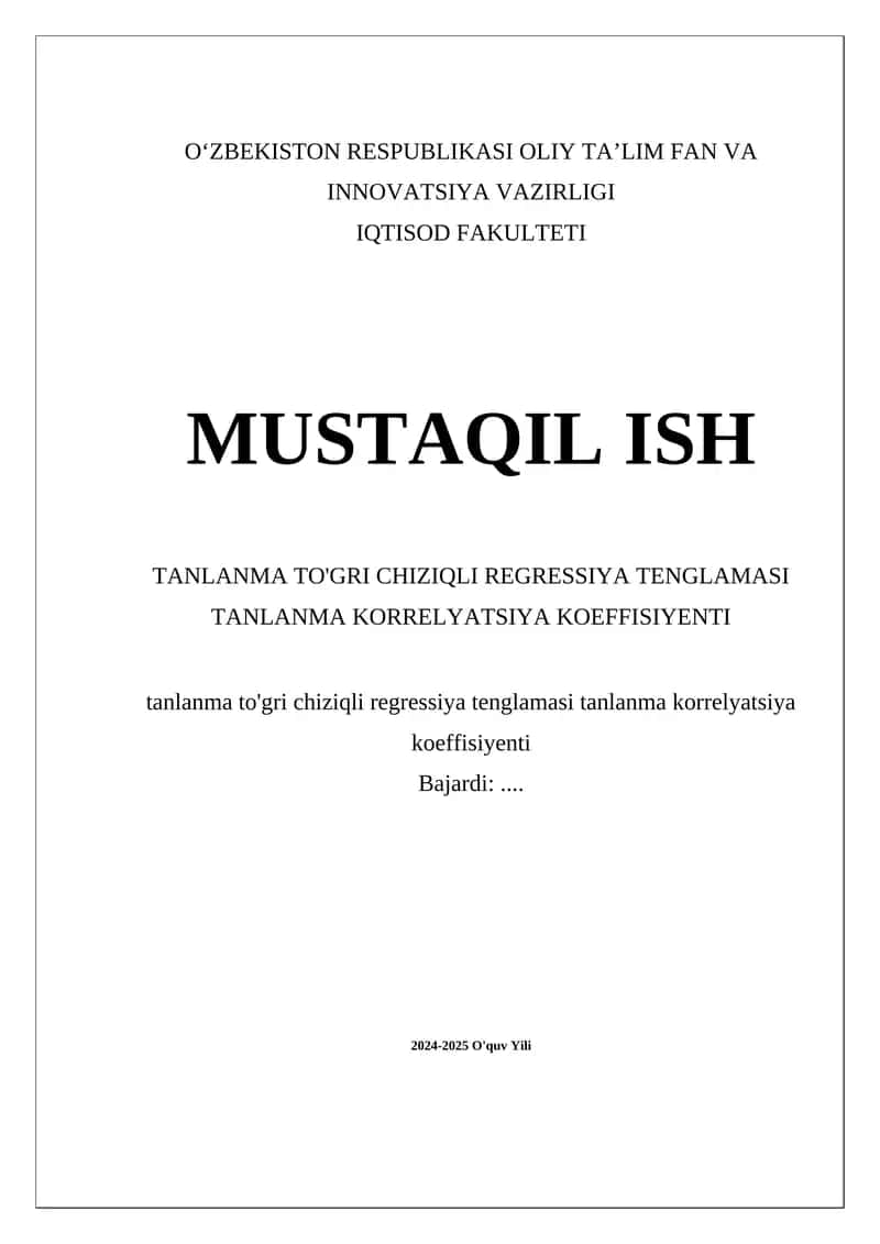 Tanlanma to'gri chiziqli regressiya tenglamasi