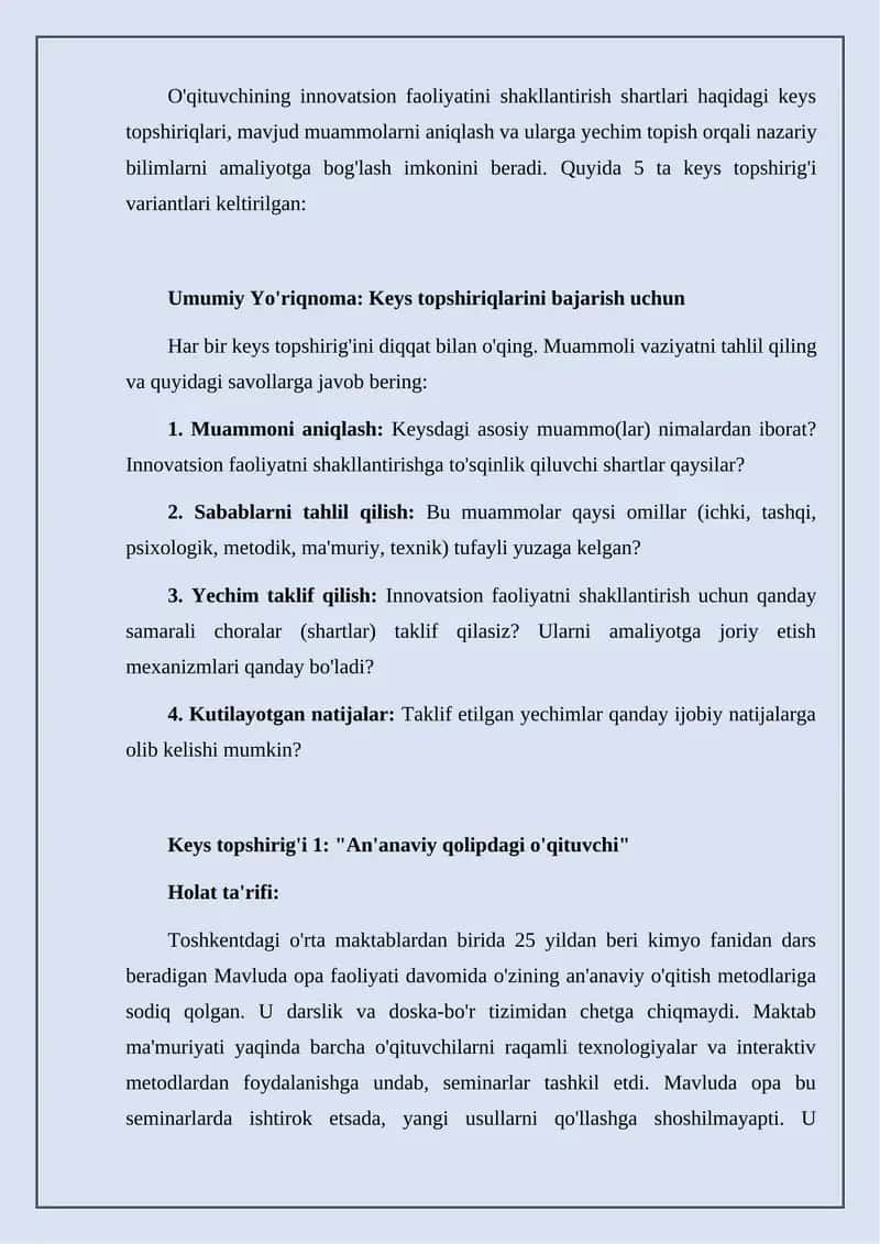 O'qituvchining innovatsion faoliyatini shakllantirish shartlari haqidagi keys topshiriqlari 1