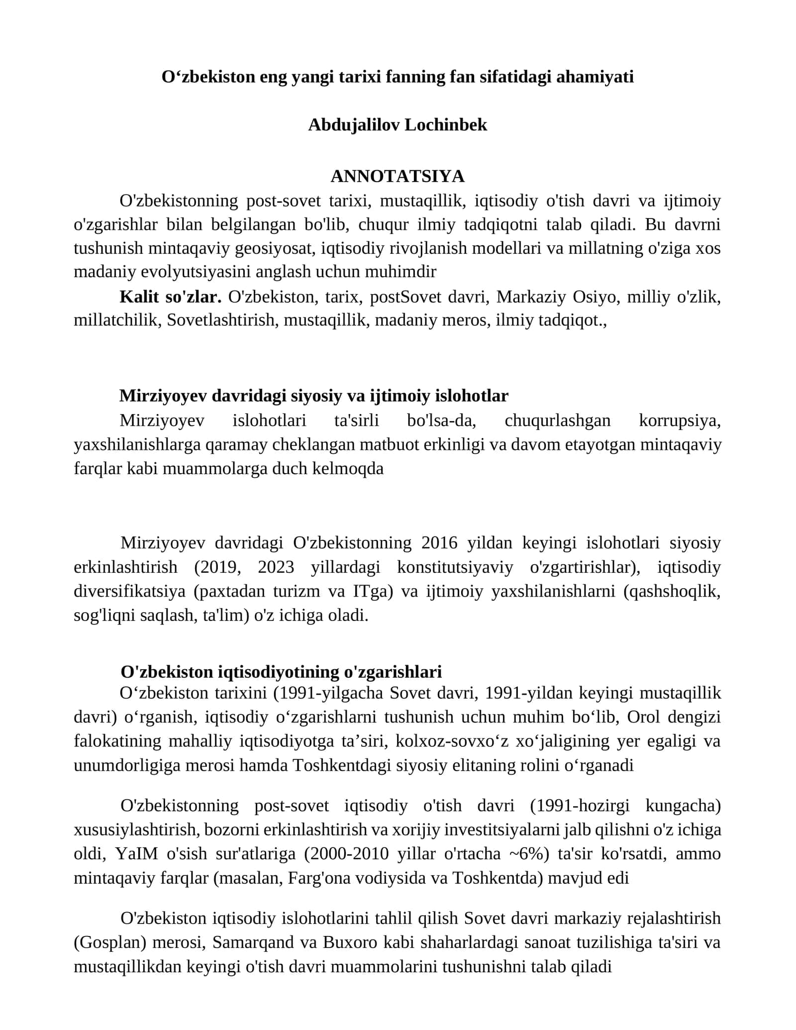 Oʻzbekiston eng yangi tarixi fanning fan sifatidagi ahamiyati