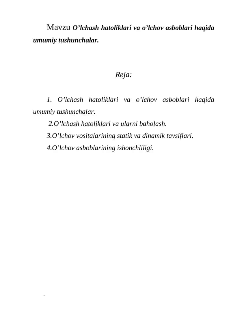 O’lchash hatoliklari va o’lchov asboblari haqida umumiy tushunchalar
