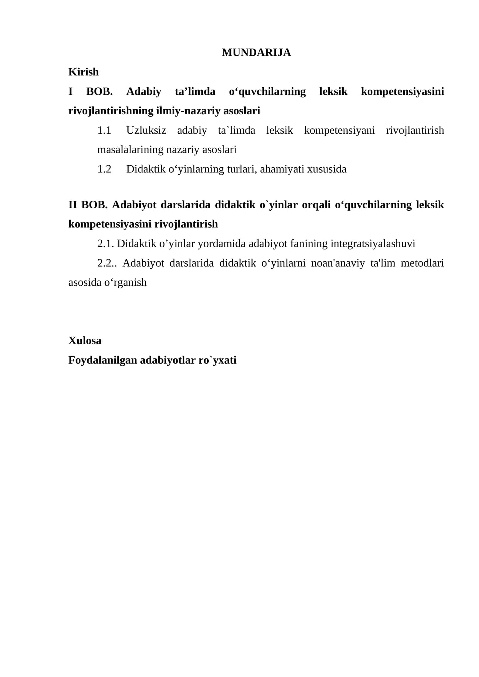 Adabiyot darslarida didaktik o`yinlar vositasida leksik kompetensiyani rivojlantirish