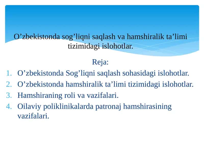 O’zbekistonda Sog’liqni Saqlash sohasidagi islohotlar