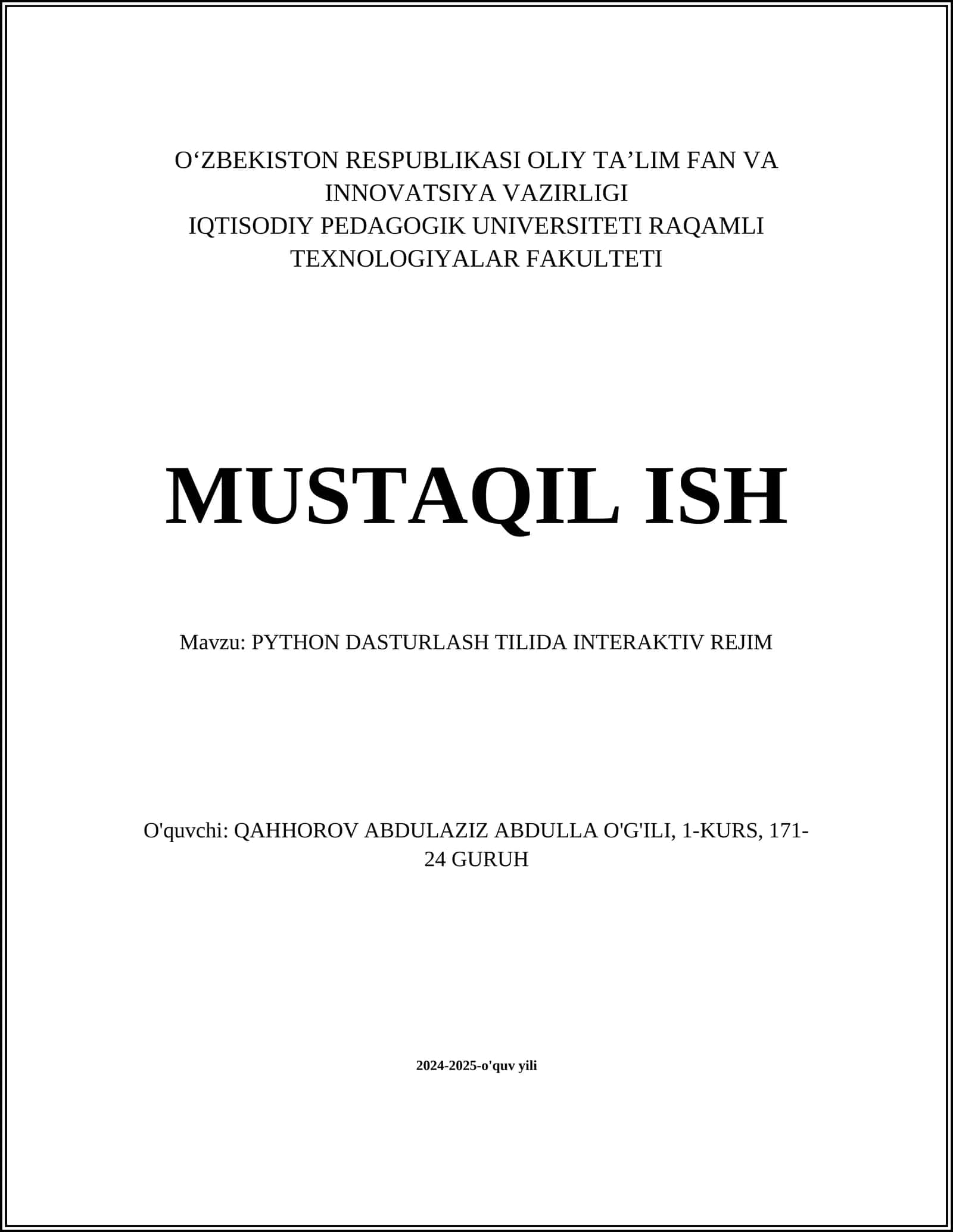 PYTHON DASTURLASH TILIDA INTERAKTIV REJIM