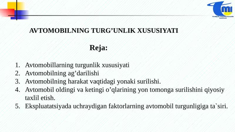 Avtomobilning turg’unlik xususiyati