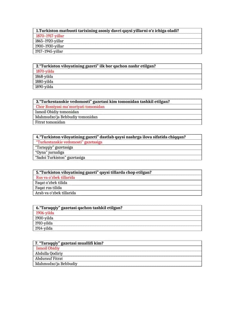turkiston matbuoti tarixi fanidan test (to'g'ri javoblar qizil rangda berilgan )