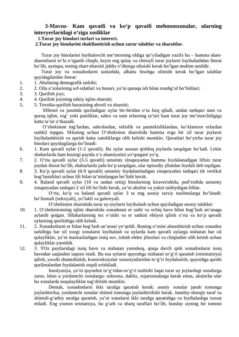 3-Mavzu- Kam qavatli va ko‘p qavatli mehmonxonalar, ularning interyerlaridagi o‘ziga xosliklar