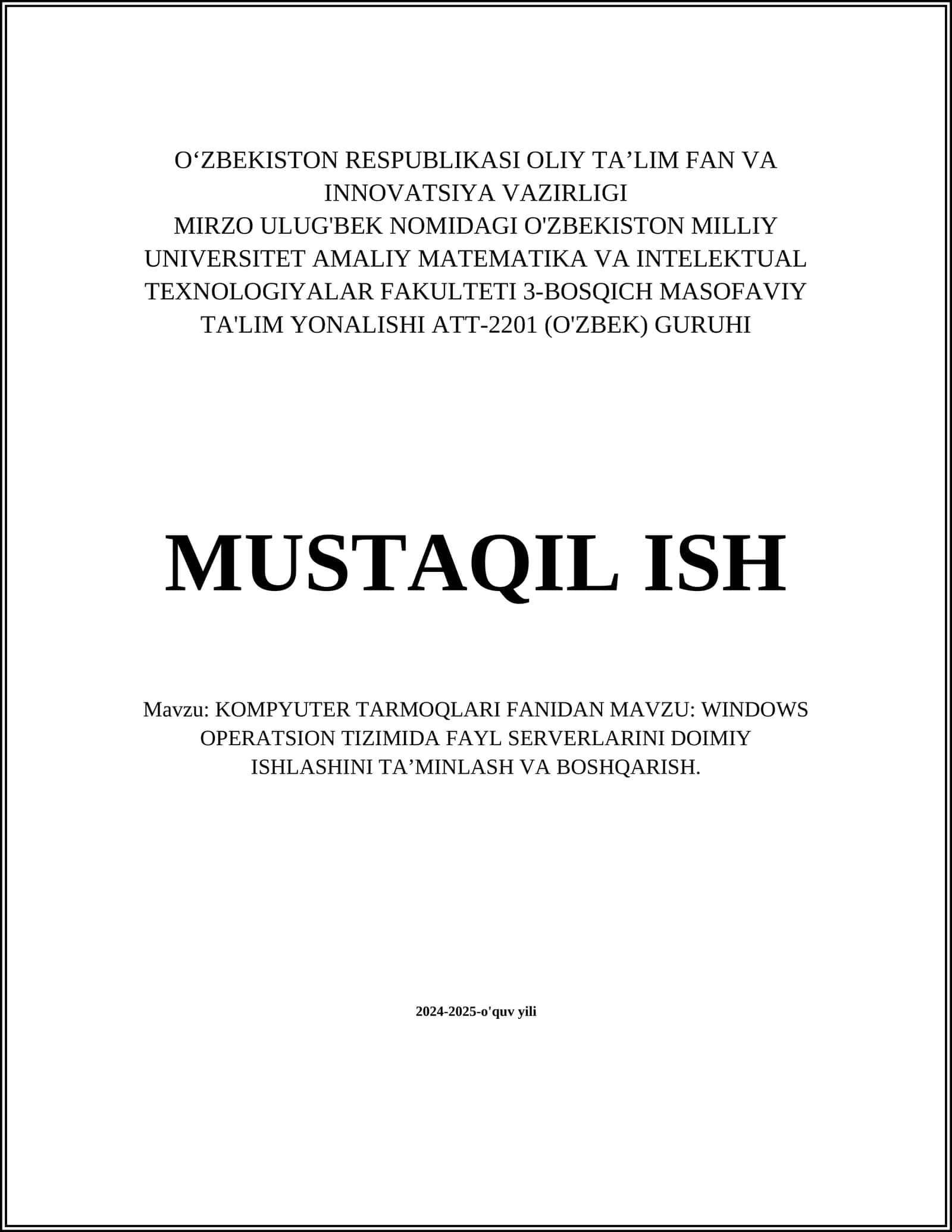 WINDOWS OPERATSION TIZIMIDA FAYL SERVERLARINI DOIMIY ISHLASHINI TA’MINLASH VA BOSHQARISH