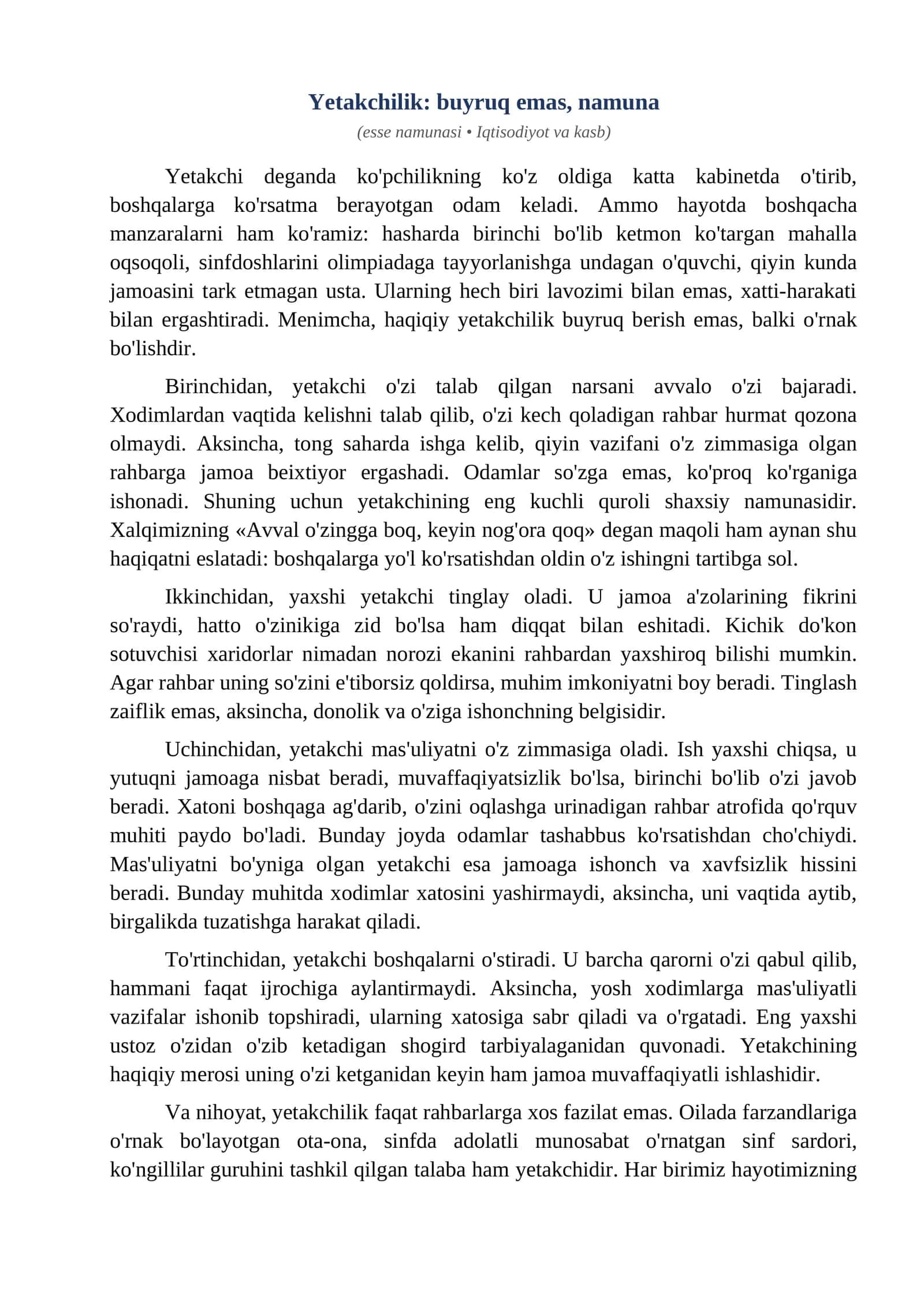 Esse Yetakchilik buyruq emas namuna