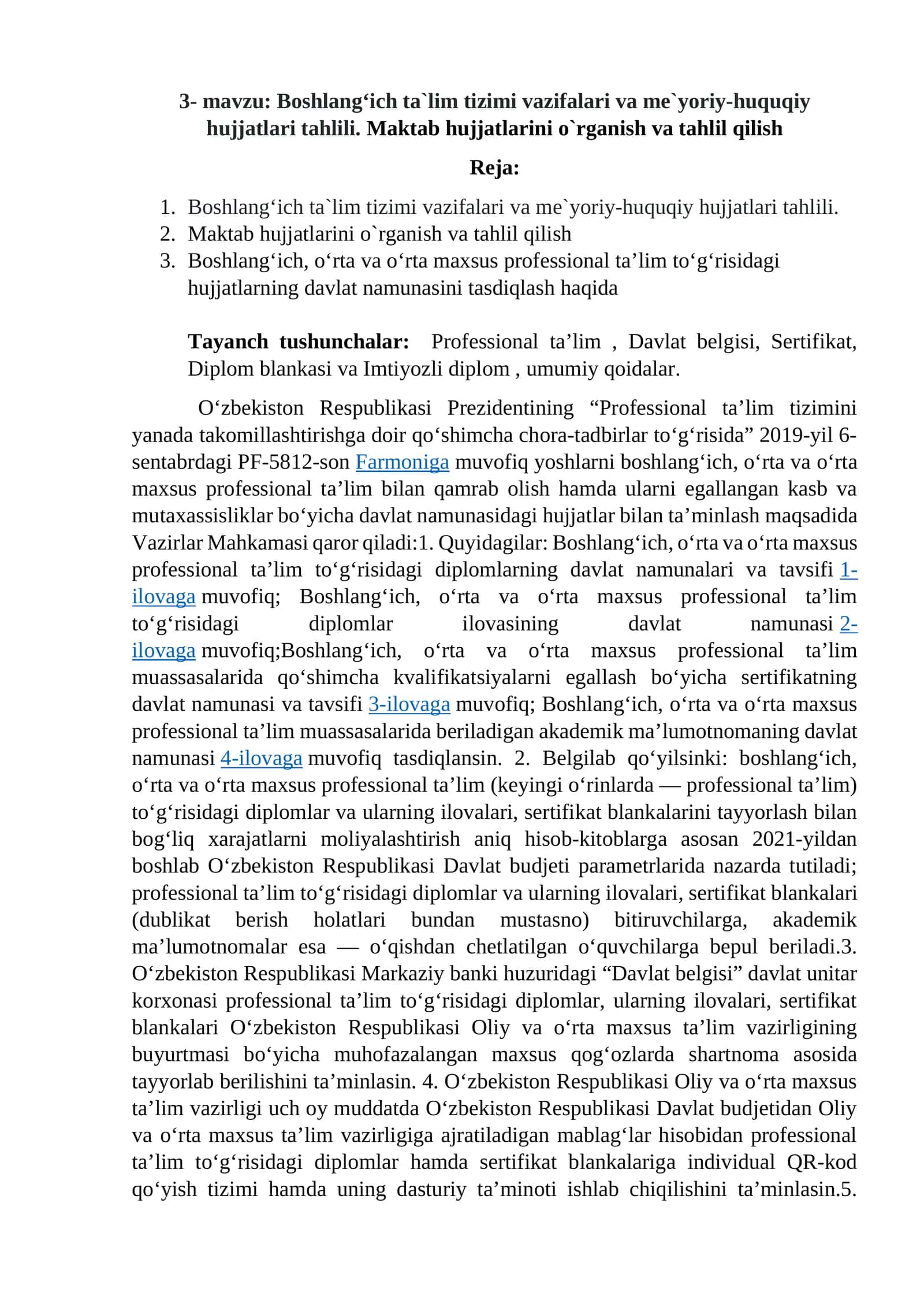 Boshlang‘ich ta`lim tizimi vazifalari va me`yoriy-huquqiy hujjatlari tahlili