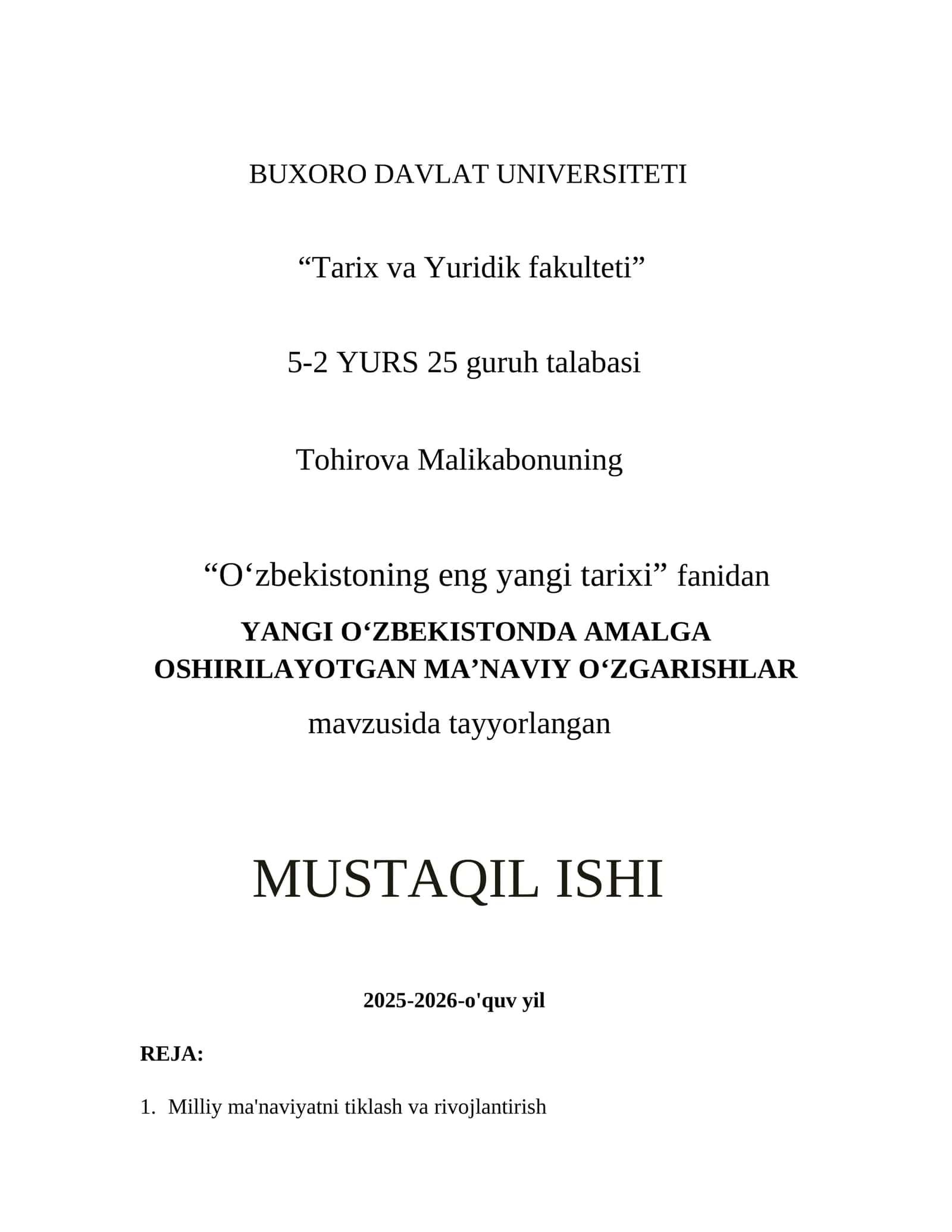 YANGI O‘ZBEKISTONDA AMALGA OSHIRILAYOTGAN MA’NAVIY O‘ZGARISHLAR
