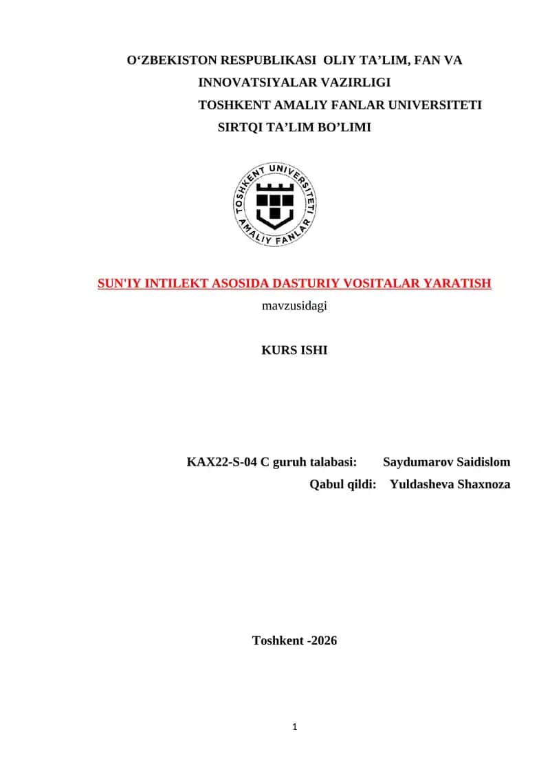 SUN'IY INTILEKT ASOSIDA DASTURIY VOSITALAR YARATISH
