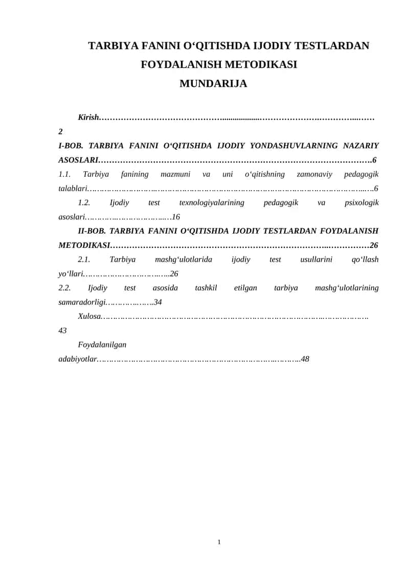 TARBIYA FANINI O‘QITISHDA IJODIY TESTLARDAN FOYDALANISH METODIKASI