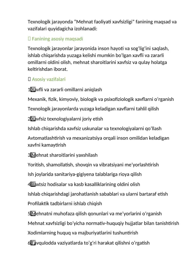 “Mehnat faoliyati xavfsizligi” fanining maqsad va vazifalari