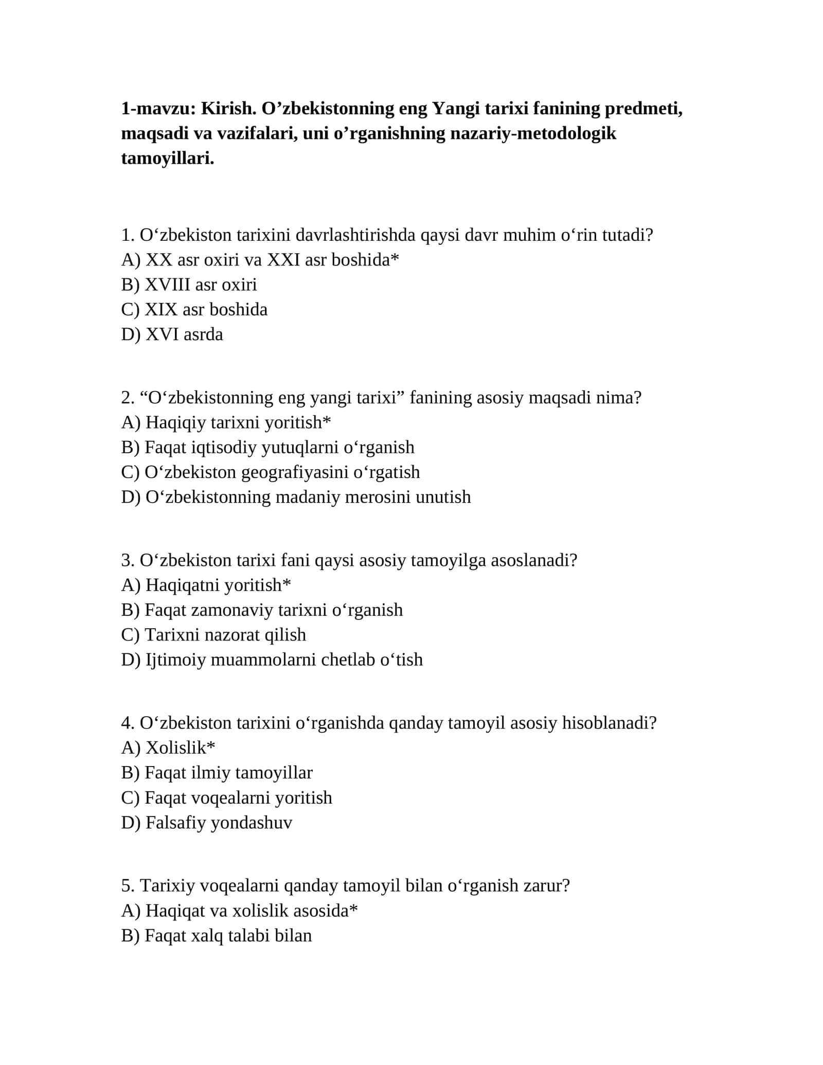 O‘zbekistonning eng Yangi tarixi fanining predmeti, maqsadi va vazifalari