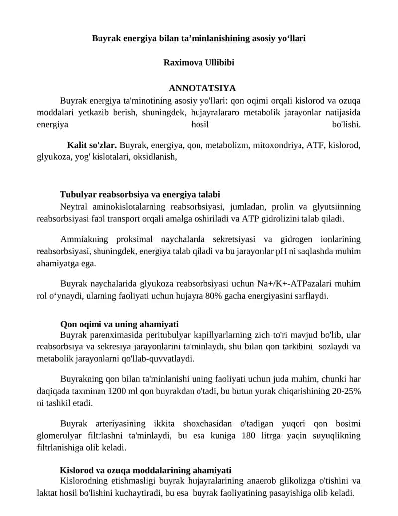 Buyrak energiya bilan taʼminlanishining asosiy yoʻllari