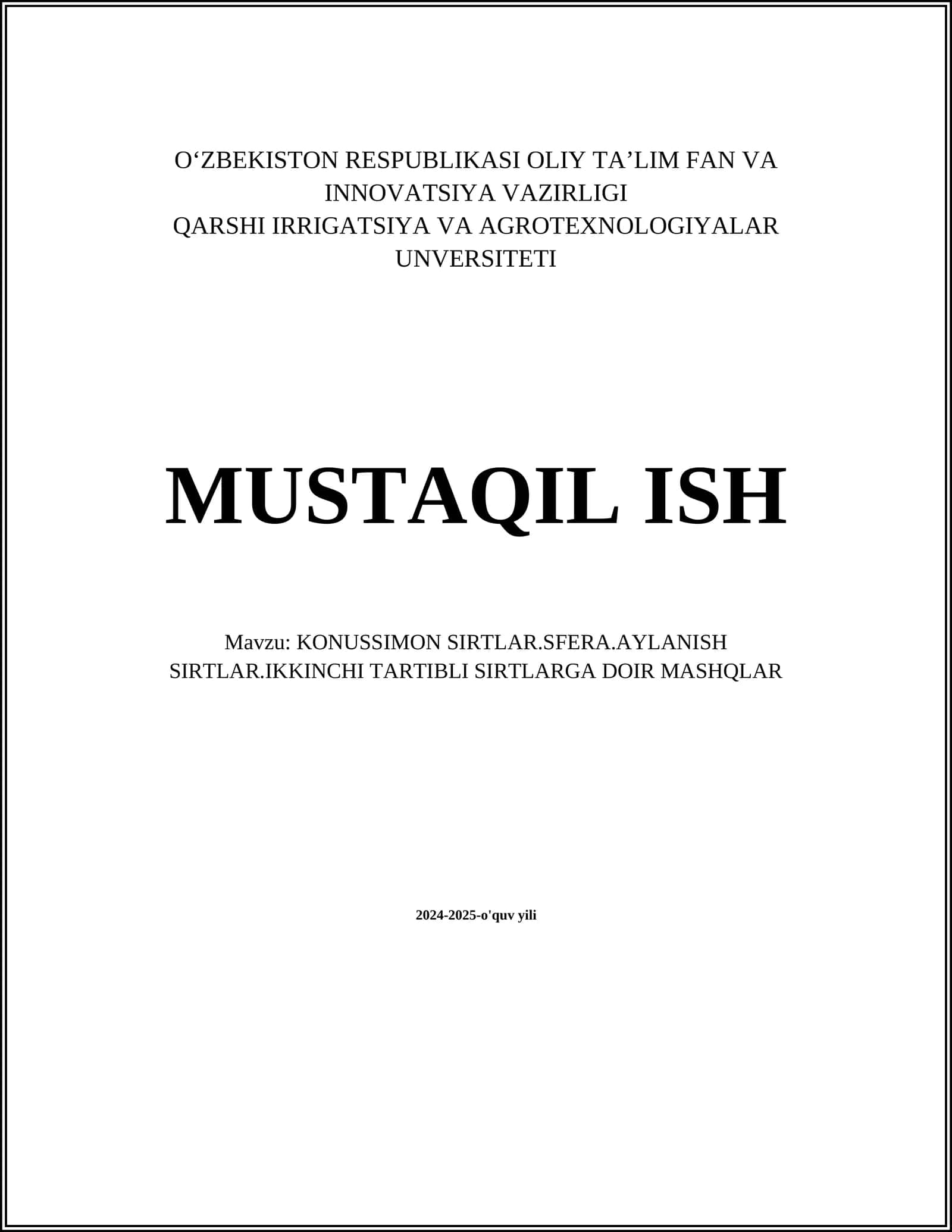 KONUSSIMON SIRTLAR.SFERA.AYLANISH SIRTLAR.IKKINCHI TARTIBLI SIRTLARGA DOIR MASHQLAR