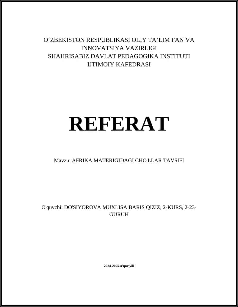 Afrika Materigidagi Cho'llar Tavsifi