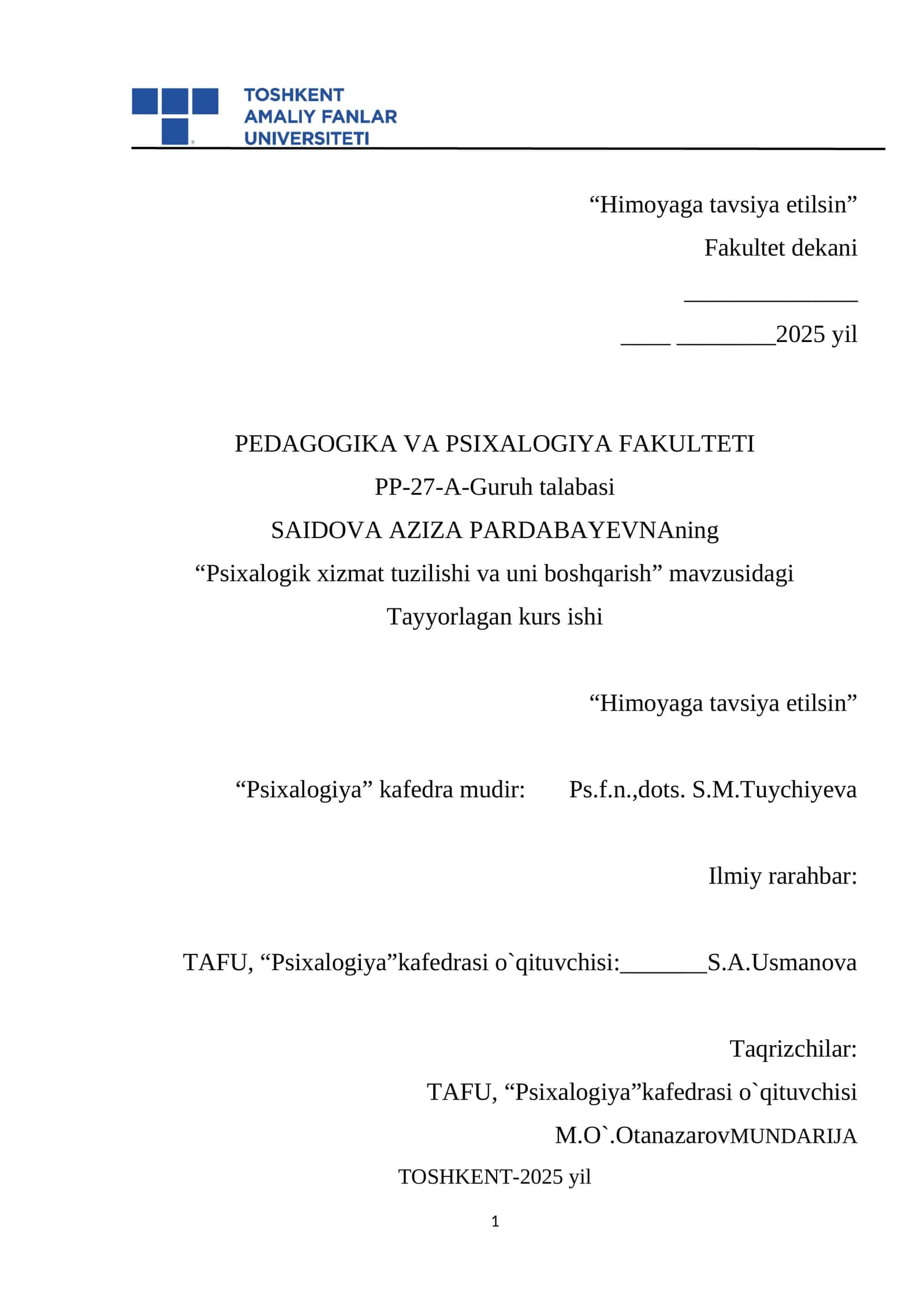 Psixologik Xizmat Tuzilishi va Uni Boshqarish