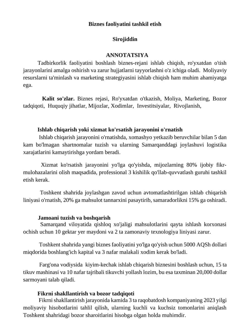 Biznes faoliyatini tashkil etish