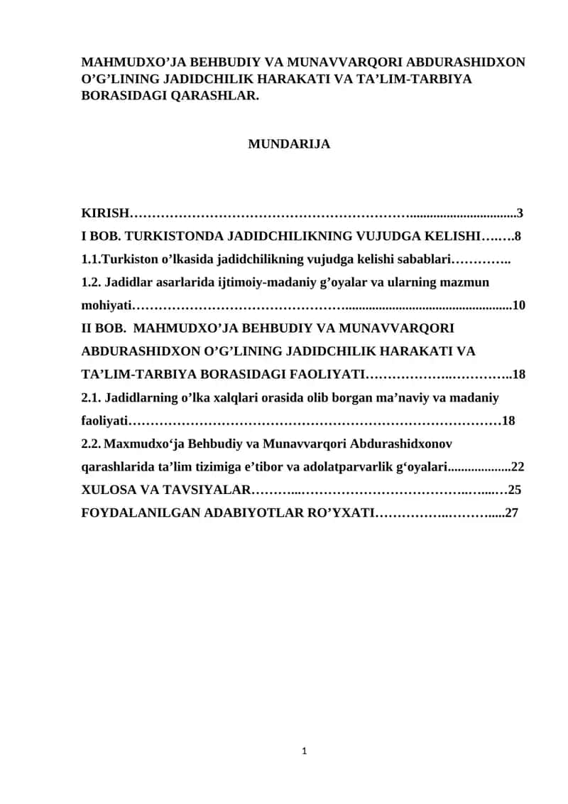 MAHMUDXO’JA BEHBUDIY VA MUNAVVARQORI ABDURASHIDXON O’G’LINING JADIDCHILIK HARAKATI VA TA’LIM-TARBIYA BORASIDAGI QARASHLAR.