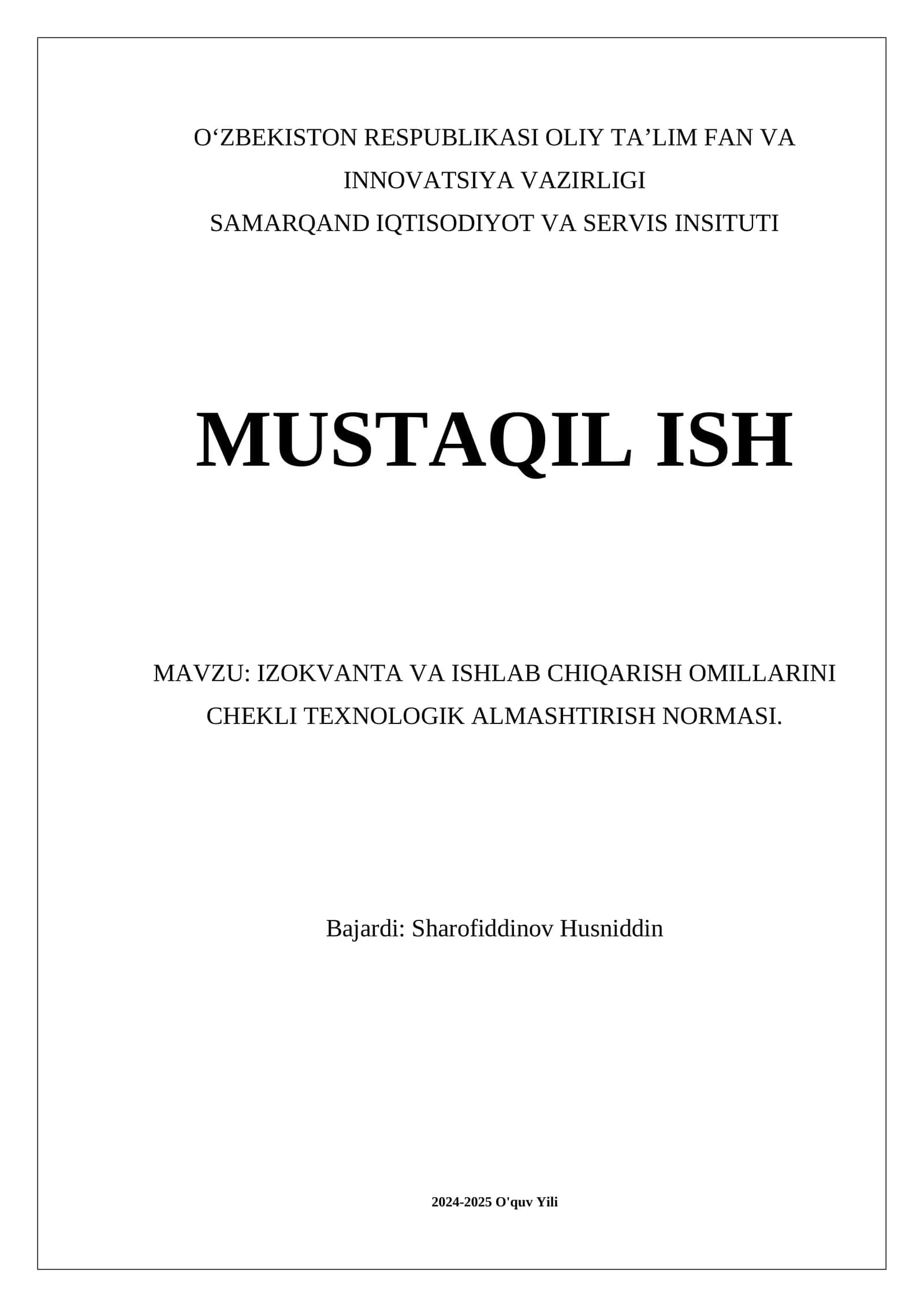 IZOKVANTA VA ISHLAB CHIQARISH OMILLARINI CHEKLI TEXNOLOGIK ALMASHTIRISH NORMASI