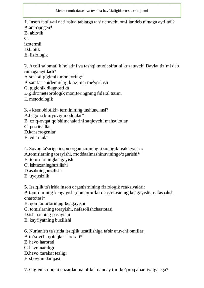 1000 talik test Mehnat muhofazasi va tehnika havfsizligi fanidan 2025