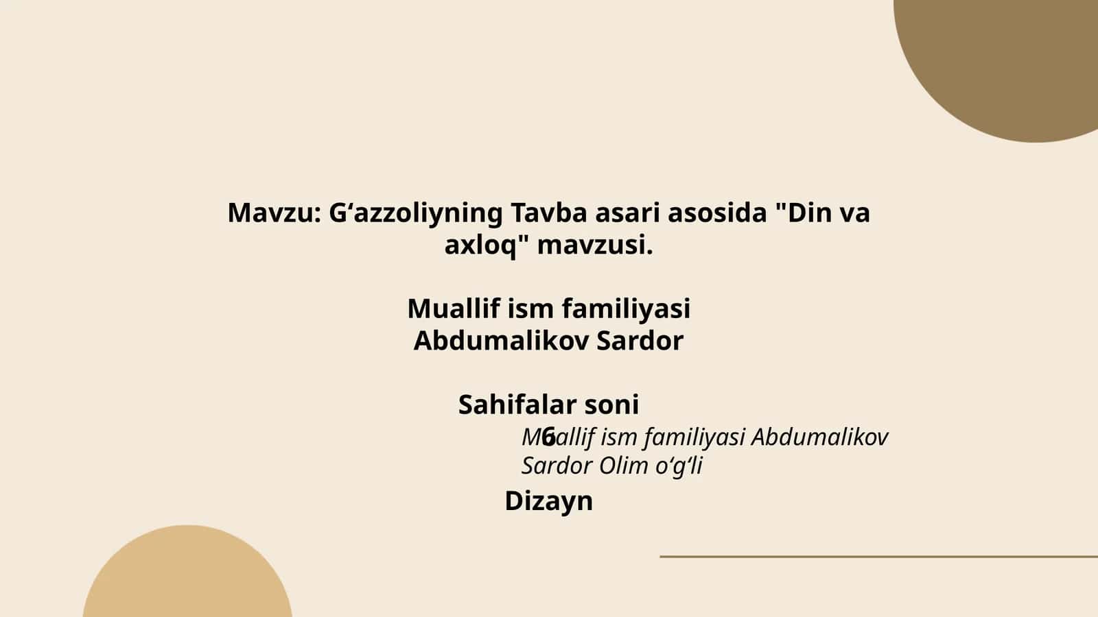 Gʻazzoliyning Tavba asari asosida "Din va axloq" mavzusi