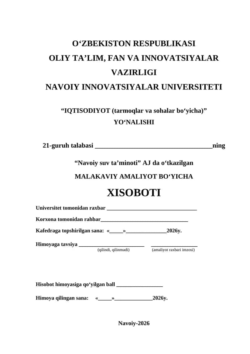 “Navoiy suv ta’minoti” AJ da o‘tkazilgan MALAKAVIY AMALIYOT BO‘YICHA  XISOBOTI