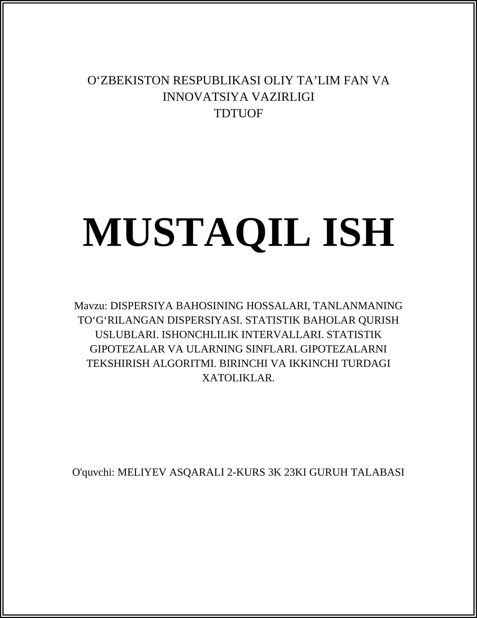 DISPERSIYA BAHOSINING HOSSALARI, TANLANMANING TOʻGʻRILANGAN DISPERSIYASI