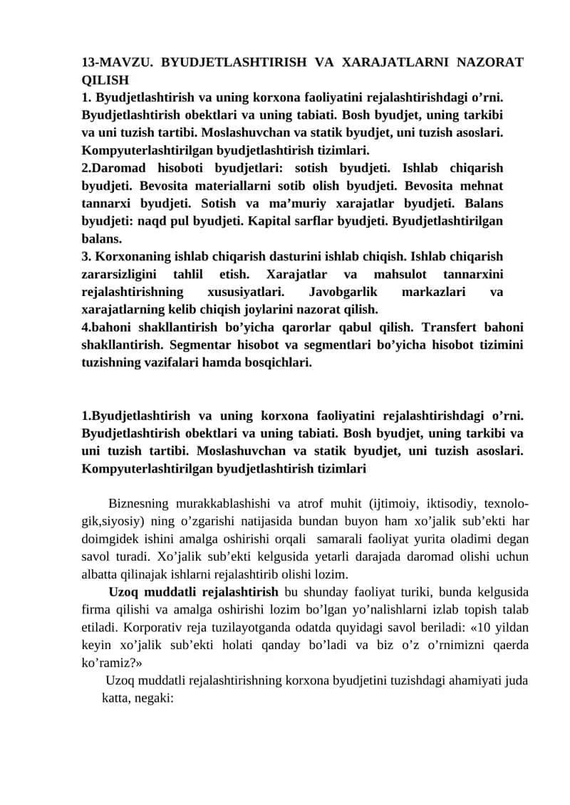 Byudjetlashtirish va xarajatlarni nazorat qilish