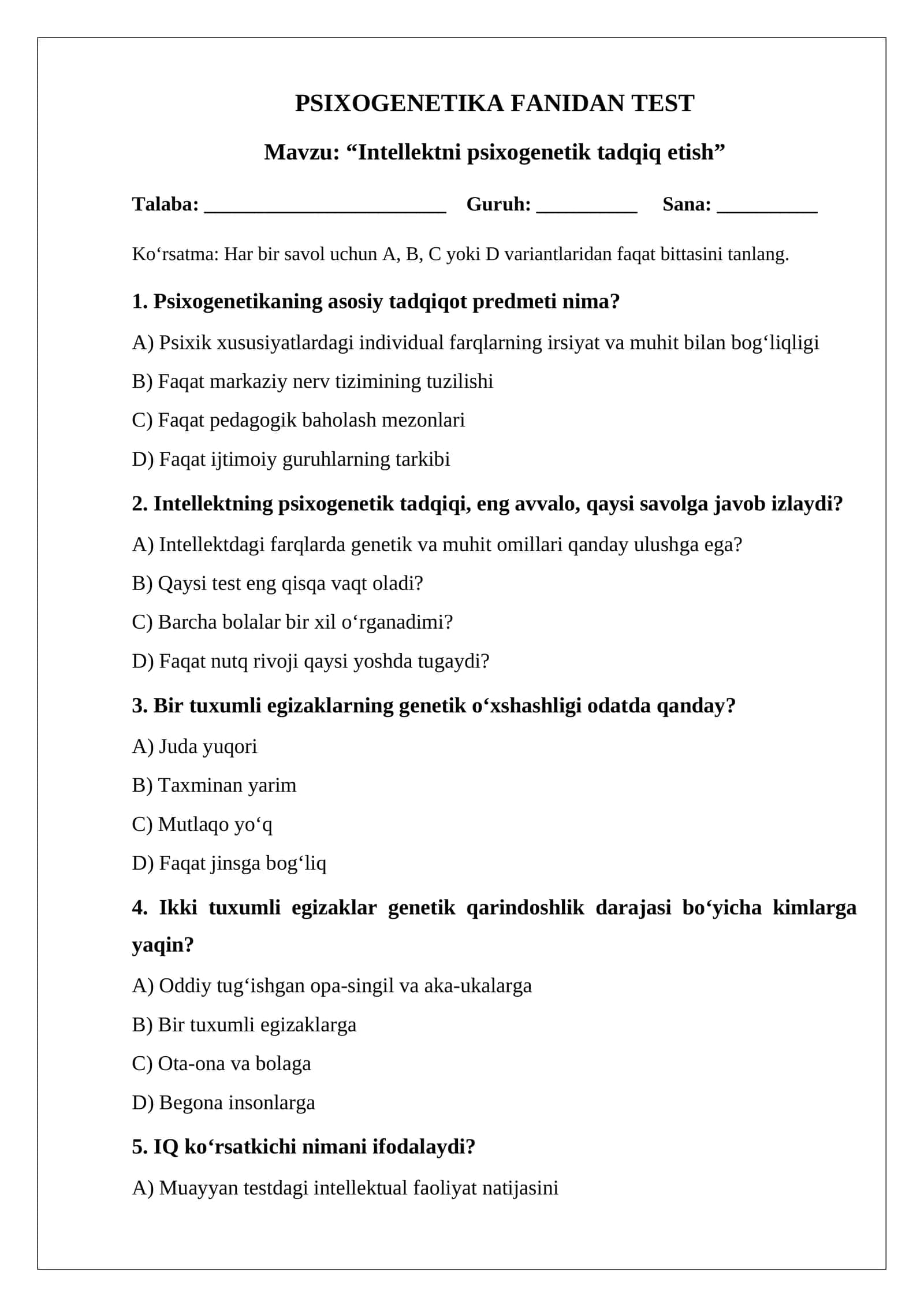 Intellektni psixogenetik tadqiq etish TEST